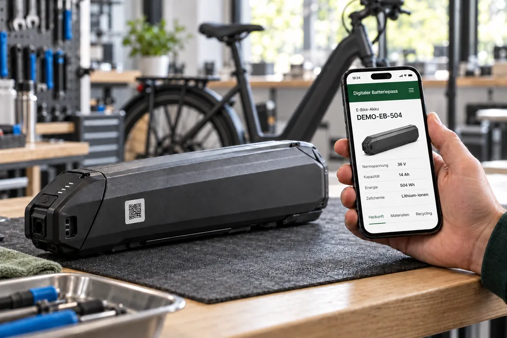 E-Bike-Akku mit QR-Code auf der Werkbank, daneben ein Smartphone mit dem digitalen Batteriepass